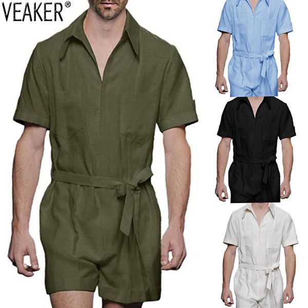 

2020 new men's short sleeve jumpsuit streetwear male casual solid color cargo pants overalls v neck jumpsuits -2xl, Gray