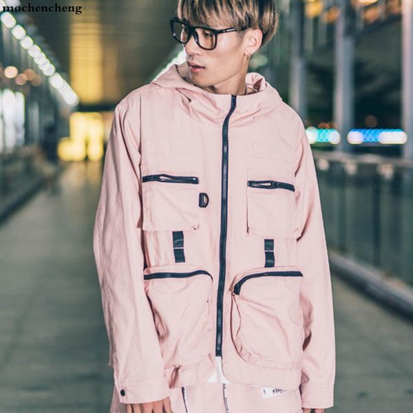 

hip hop hooded mens jackets 2018 autumn winter big pockets patch windbreaker male casual streetwear b051, Black;brown