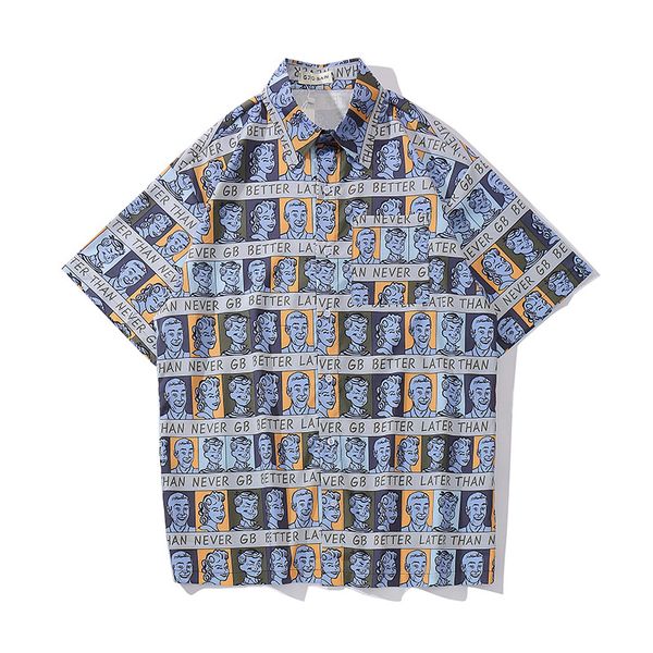

2019 summer dropshipping man printed wild plaid shirt Â short sleeve men's casual oversized button t-shirt harajuku, White;black