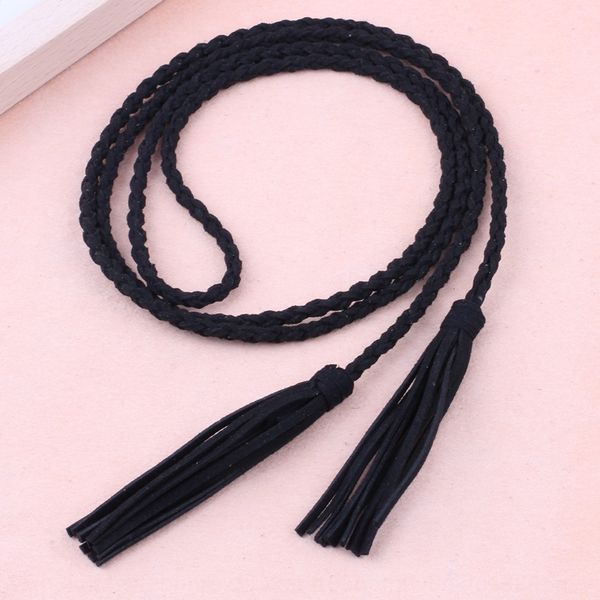 

women's woven belt dress dress decorated with super long velvet thin waist chain 102, Black;brown