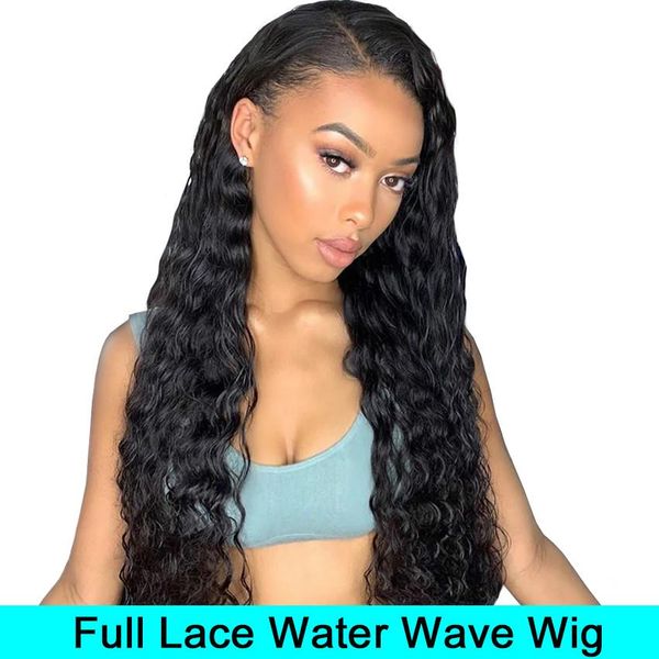 

full lace human hair wigs malaysian water wave wig pre plucked natural baby hair lemoda remy 180 density lace front wig, Black