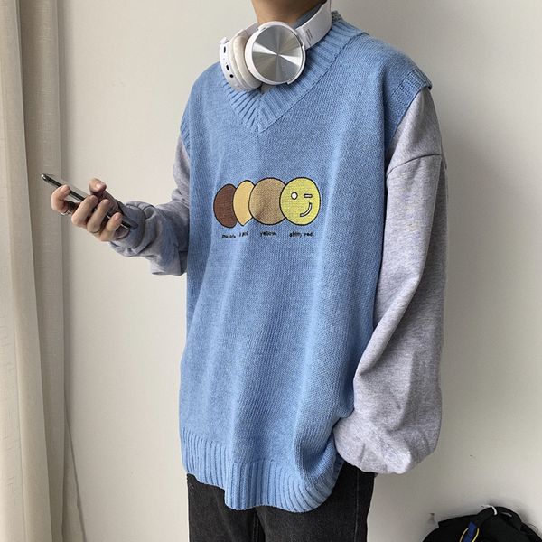

2019 autumn new korean men's loose knit wear student cartoon simple harajuku street british wind casual sweater vest, White;black
