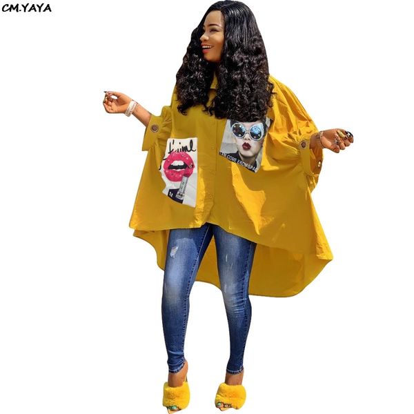 

2019 new women button up lantern long sleeve character print batwing high low blouse shirt dress fashion outfit 2 color l5326, Black;gray