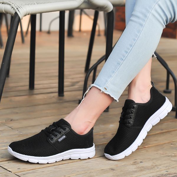 

2019 summer women shoes breathable mesh sneakers women flats ladies lcae up flats ladies shoes plus size 41 42, Black