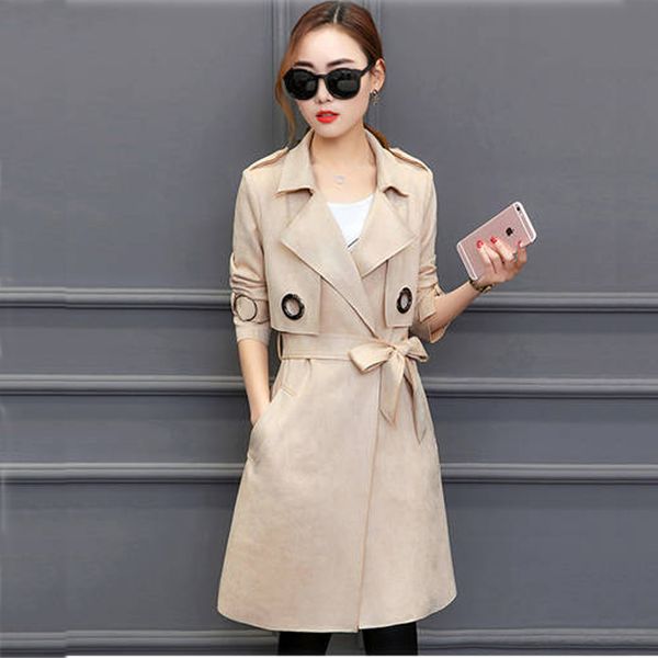 

woman fall long slim suede trench coat female jacket, Tan;black
