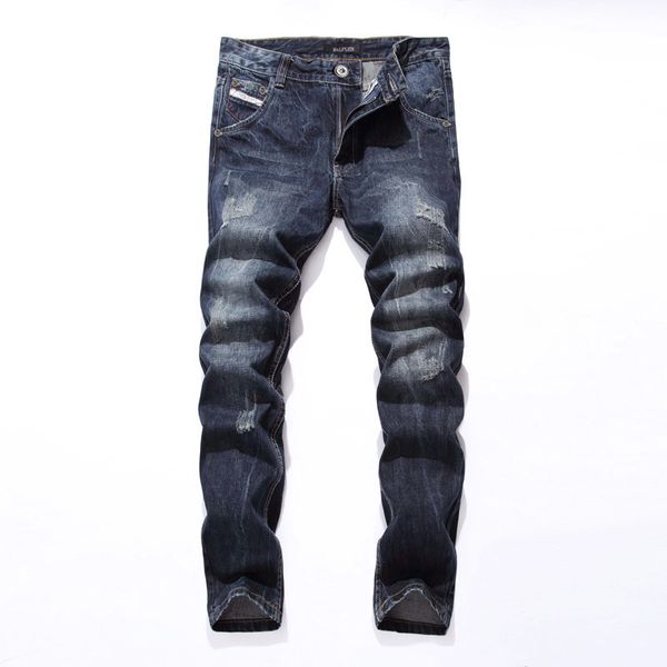 

2019 new brand fashion designer jeans men straight blue color printed men jeans ripped jeanse988