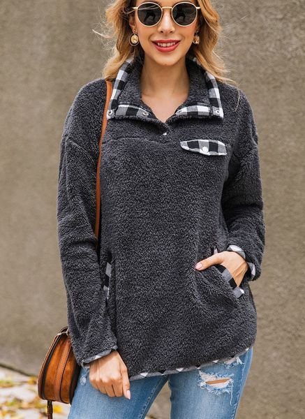 

women patchwork plaid collar hoodies long sleeve pullover plush sweatshirt outwear coat autumn winter hoodie with pocket ljja3163, Black