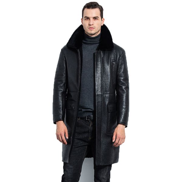 

2019 new mens black b3 shearling coat bomber jacket leather jacket winter coats long sheepskin trench coat