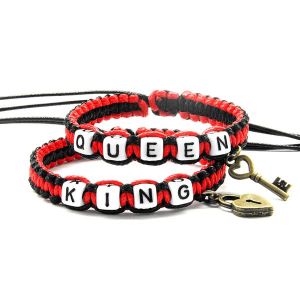 

2pcs/pair red black cord bracelets white king queen with key lock rope chains size adjustable lovers gifts charm crafts, Golden;silver