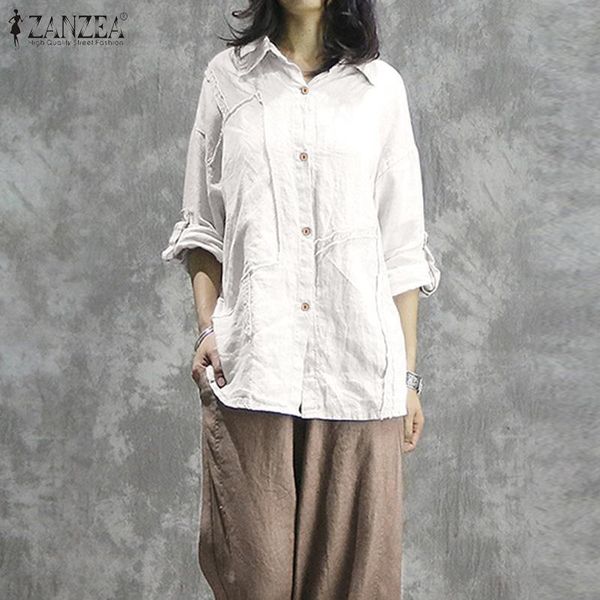 

women vintage cotton linen blouse zanzea spring lapel neck long sleeve shirt casual solid blusas loose tunic plus size 5xl, White