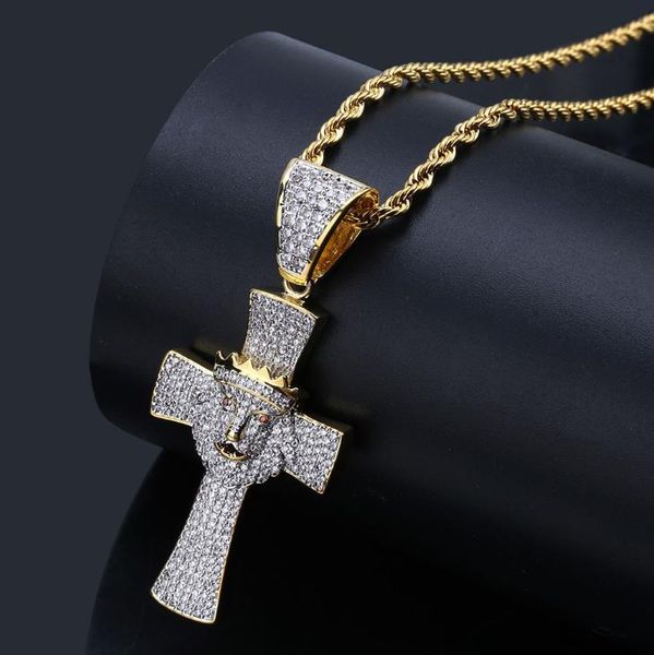 

europe and america zircon lion with crown cross pendant hip hop chaoren men's necklace ornament, Silver