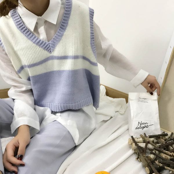

harajuku casual camlisole female crop 2020 autumn knitted v-neck striped color matching short pullover sweater vest, Black;white