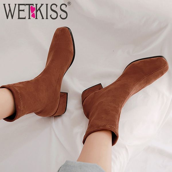 

wetkiss stretch flock boots women sock ankle boot female square toe thick heels shoes ladies fashion suede boots winter 2020 new, Black