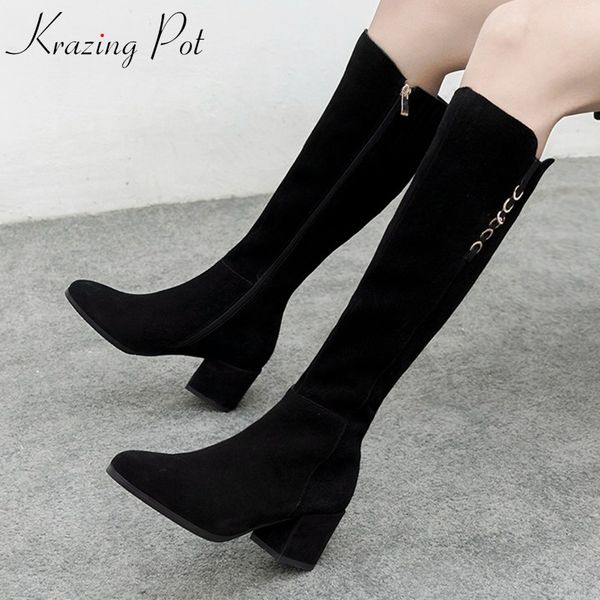 

krazing pot cow suede full grain leather round toe high heels cowboy mature european metal buckle riding thigh high boots l12, Black