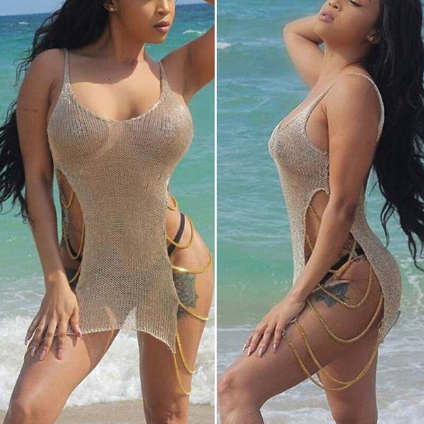 

us women crochet mesh swimwear summer beachwear dress chain bikini cover up, Blue;gray