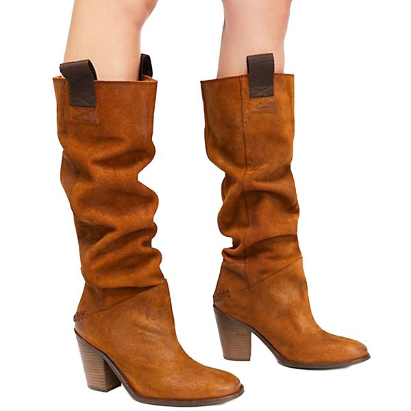 

fashion women's high square heel boots new 2019 ladies pointed toe solid color casual shoes fold leather boots, Black