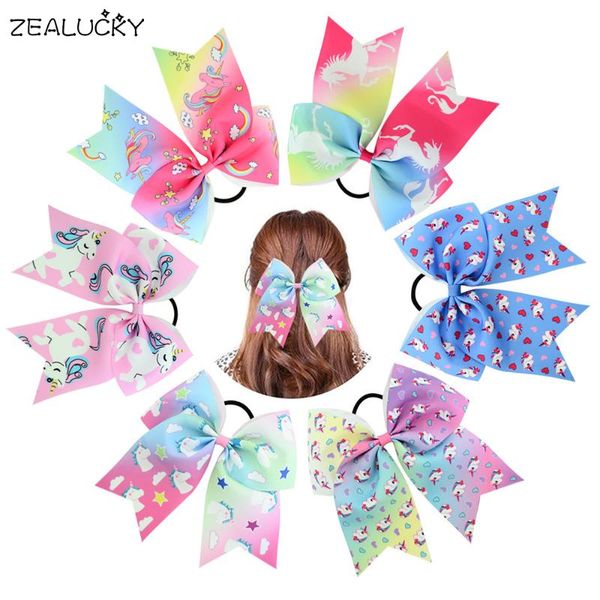 

lovely girls large cheer bow elastic hair band kids unicorn print ribbon bowknot hair rope ponytail holder scrunchies accessory, Slivery;white