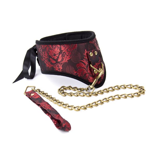 

luxury silky lace up neck collar with chain lead punk fetish neck bondage restraint costume