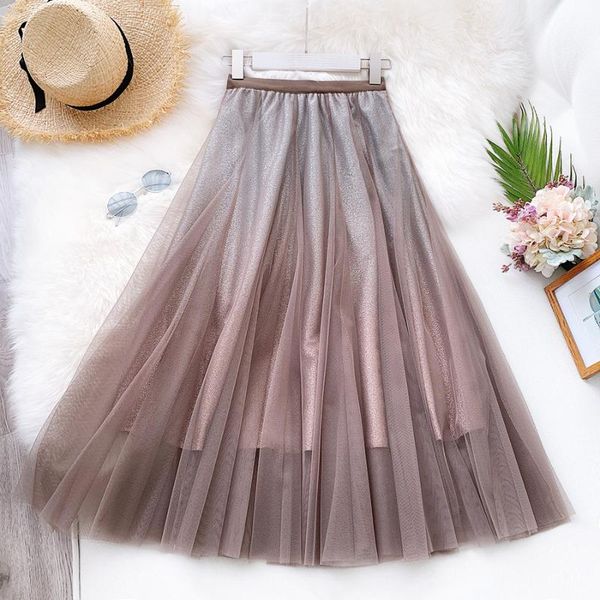 

ball gown tulle long women skirt high waisted tulle gradient color black khaki green blue elegant ladies summer korean skirt