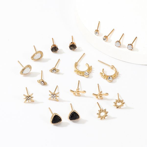 

luruixu 10pair/set small stud earrings for women fashion round waterdrop leaves crystal cartilage piercing earrings set jewelry, Golden;silver