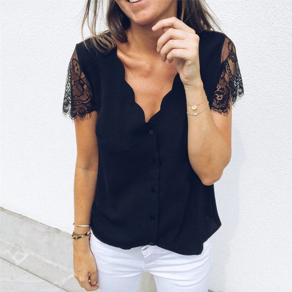 

women v neck lace short sleeve shirt blouse women summer blouse, White
