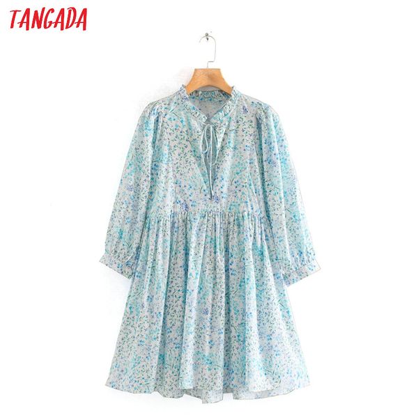 

tangada 2020 fashion women blue floral print summer dress bow neck long sleeve ladies vintage loose dress vestidos 2w135, Black;gray