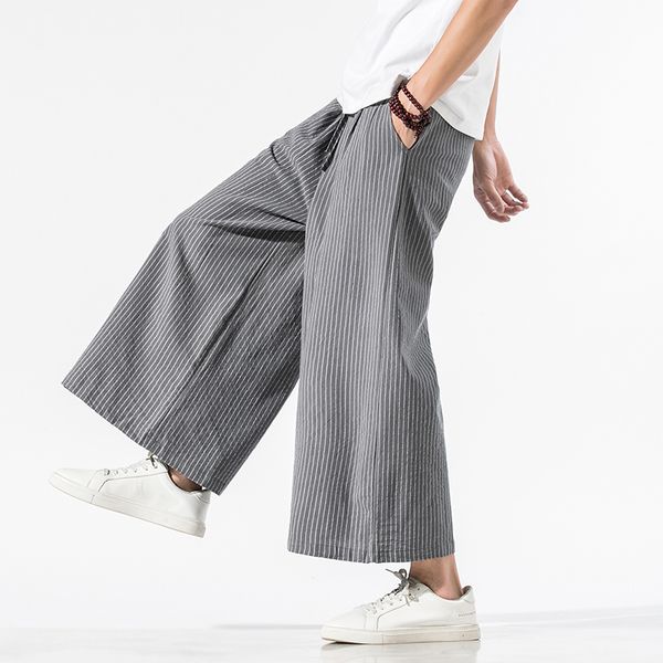 

men's pants striped wide-leg national style plus-sized casual japanese wide leg trousers male linen chinese clothing, Black