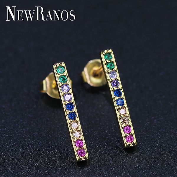

newranos multi color simple bar earrings rainbow stud earrings pave micro cz colorful brincos for women jewelry eyl001142, Golden;silver
