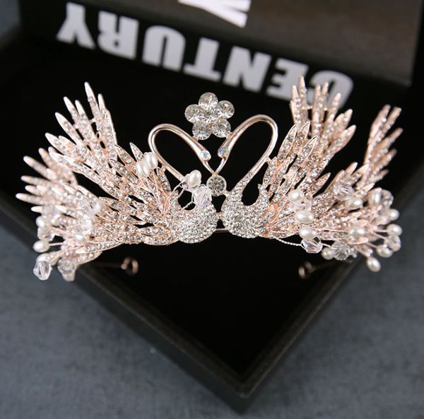

bride crown fashion shining girls pearls rhinestones flower swan princess wedding hair accessories boutique children party hair sticks y2224, Slivery;white