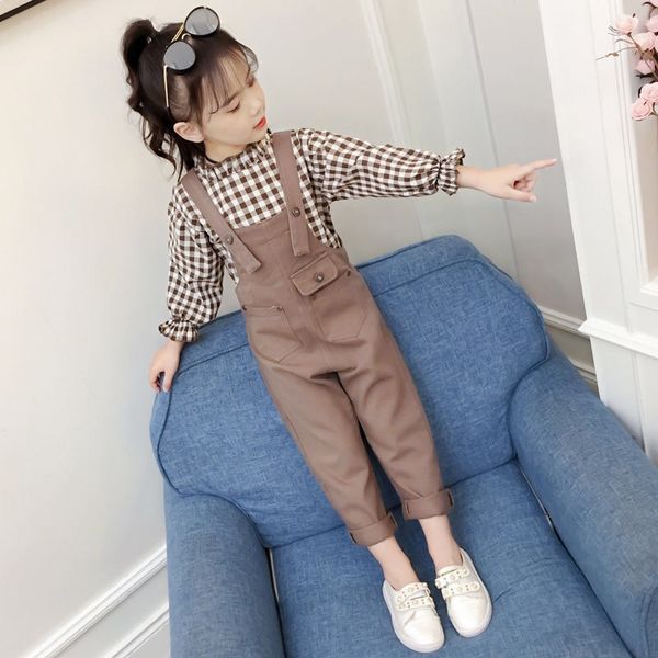 

new 2019 autumn sets girl tracksuits costume kids 2 pcs outfits plaid shirts blouses and suspender pants children clothing, White