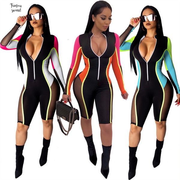 

color romper s 3xl patchwork sheer mesh bandage women night zipper v neck long sleeve shorts club playsuit, Black;white