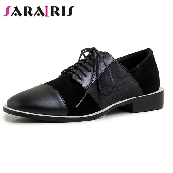 

sarairis big size 33-43 elegant ins female chunky heels flats casual cool black spring flats women lace up shoes woman