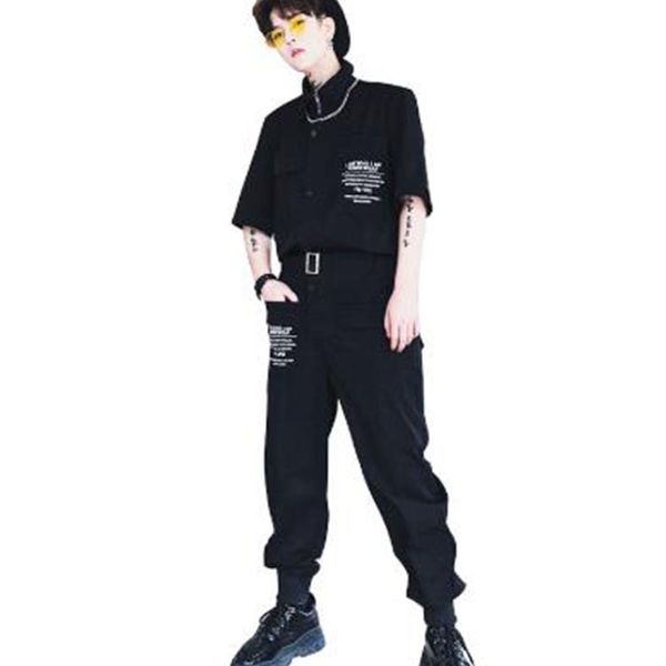 

men streetwear hip hop style black harem overalls pants male summer short sleeve thin slim fit casual jumpsuits cargo trousers
