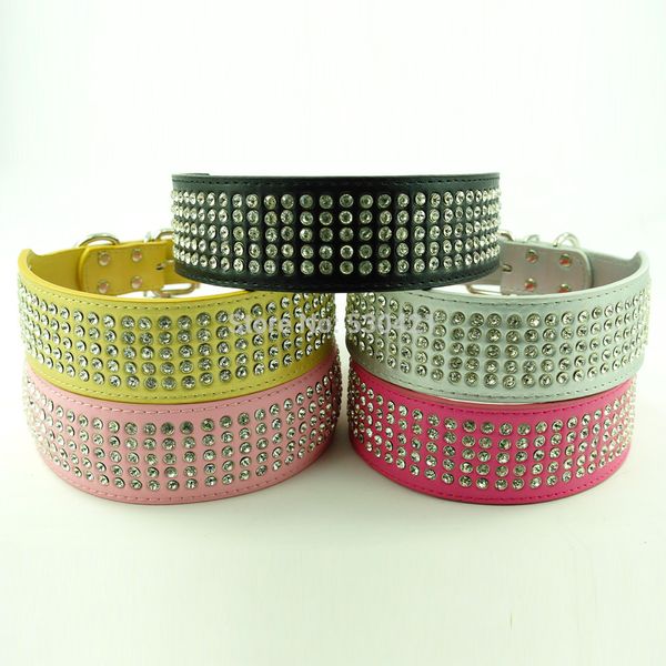 

20 pieces/lot) new arrival fashion leather 2inch 5 rows bling diamond dog pet collar pitbull
