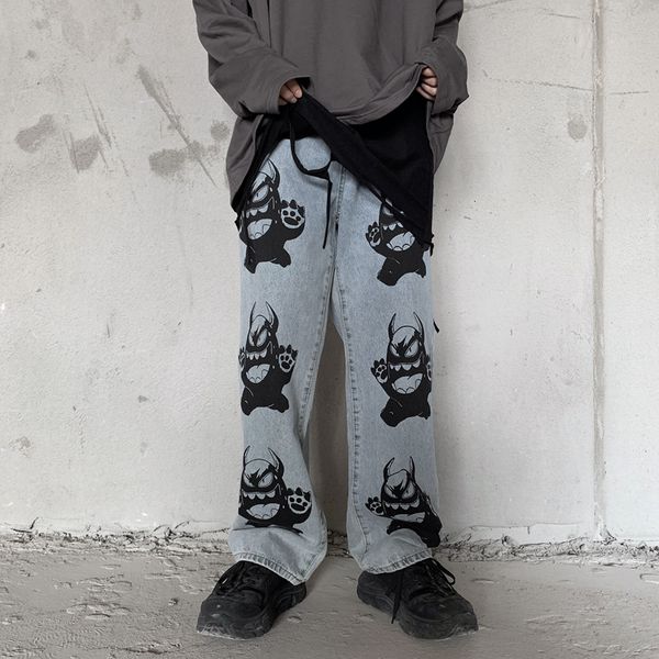 

ewq / men's clothing hip hop jeans male loose cartoon printting loose casual big size denim pants 2020 spring tide new 9y152, Blue