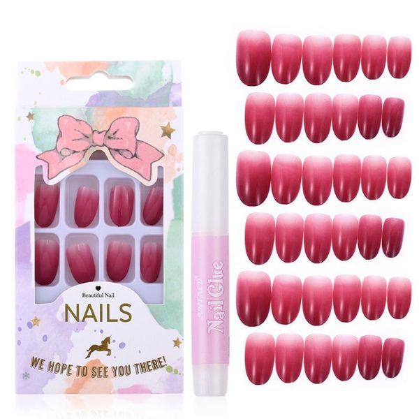 

24pcs professional nail diy gradient false nail tips natural red purple full cover fake nails art manicure tool with glue, Red;gold