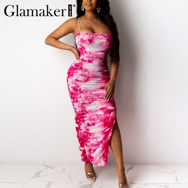 

glamaker tie dye summer dress women split strapless bodycon long dress pleated sleeveless female party club maxi 2020, Black;gray