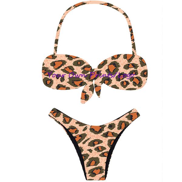 

wholesale leopard print high-leg two piece swimwear removable neck tie pad brazilian beach longline bikini with bandeau top