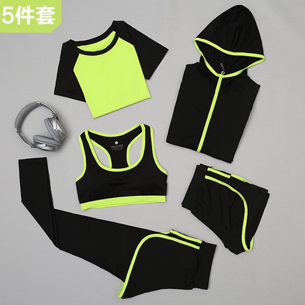

women sport suit gym yoga set quick dry bra set 5 piece female short-sleeved shorts long pants outdoor sportswear fitness suit, Black;blue