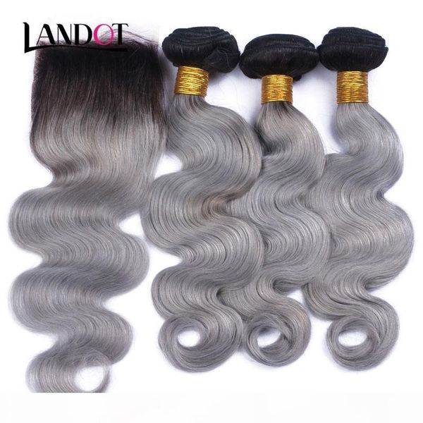 

9a ombre brazilian virgin human hair weaves 3 bundles with lace closures body wave ombre 1b grey peruvian malaysian indian hair extensions, Black