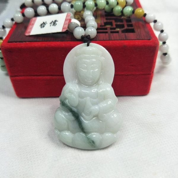 

lockets zheru jewelry pure natural jadeite carved light green blue guanyin pendant tricolor bead necklace send class a certifica, Silver
