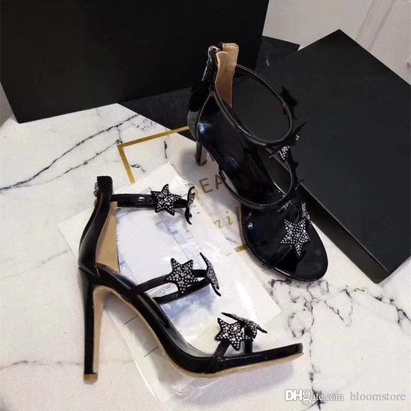 

mirrored silver gold black woman patent leather sandals ankle strap high heels pumps crystal stars lady dress wedding mary jane shoes