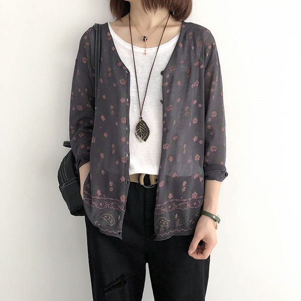 

ramie knitted cardigan female spring 2020 new loose large size retro floral v-neck thin coat summer casual shirt jacket k322, White