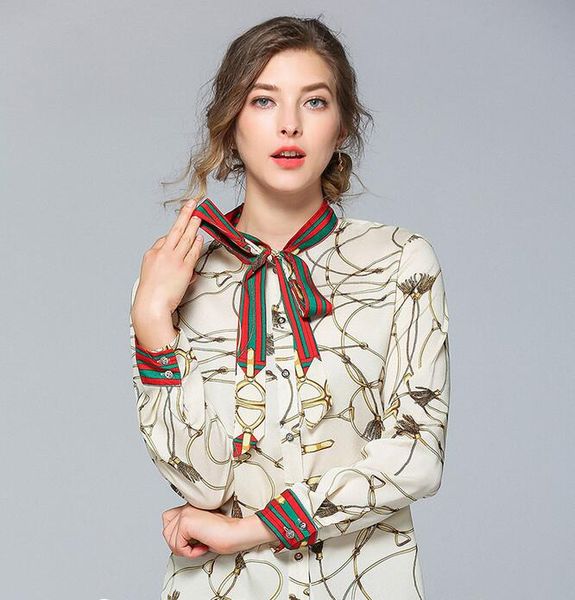 

rope scarf printed long sleeve women blouse spring summer shirts bow collar fashion ladies shirts, White