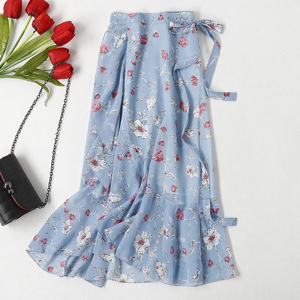 

new fashion high waist chiffon pleated skirt women spring summer floral print midi skirts a line elegant vintage casual, Black