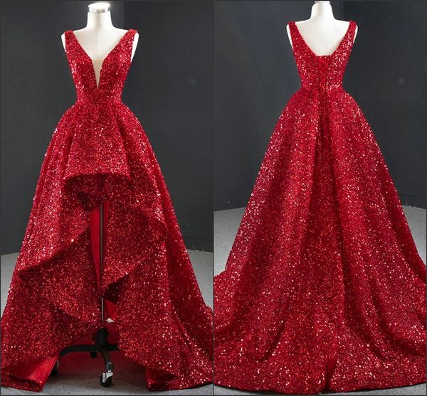 

bling red asymmetrical prom long formal dresses a-line sequined double v-neck lace-up dresses evening wear pageant homecoming birdesmaid, Black