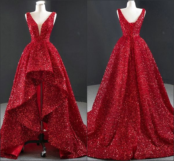 Bling Red Asymmetrischer Abschlussball, lange formelle Kleider, A-Linie, Pailletten, doppelter V-Ausschnitt, Schnürkleider, Abendgarderobe, Festzug, Heimkehr, Birdesmaid