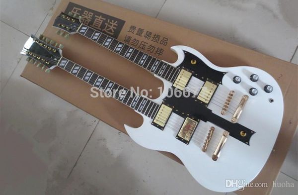 Kostenloser Versand Heißer Verkauf 6 + 12 Saiten Custom Gitarre Double Neck Golden Hardware SG Weiße E-gitarre