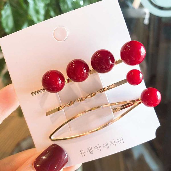 

aomy 3pcs korea fashion metal geometric crystal ball hairpins hair accessories for women red champagne imitated-pearl hair clip, Golden;white