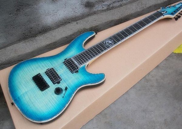 

mayones electric guitar full body seven strings fixed bridge ebony fingerboard tiger pattern transparent blue, ing